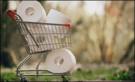 tiny shopping cart full of toilet paper rolls