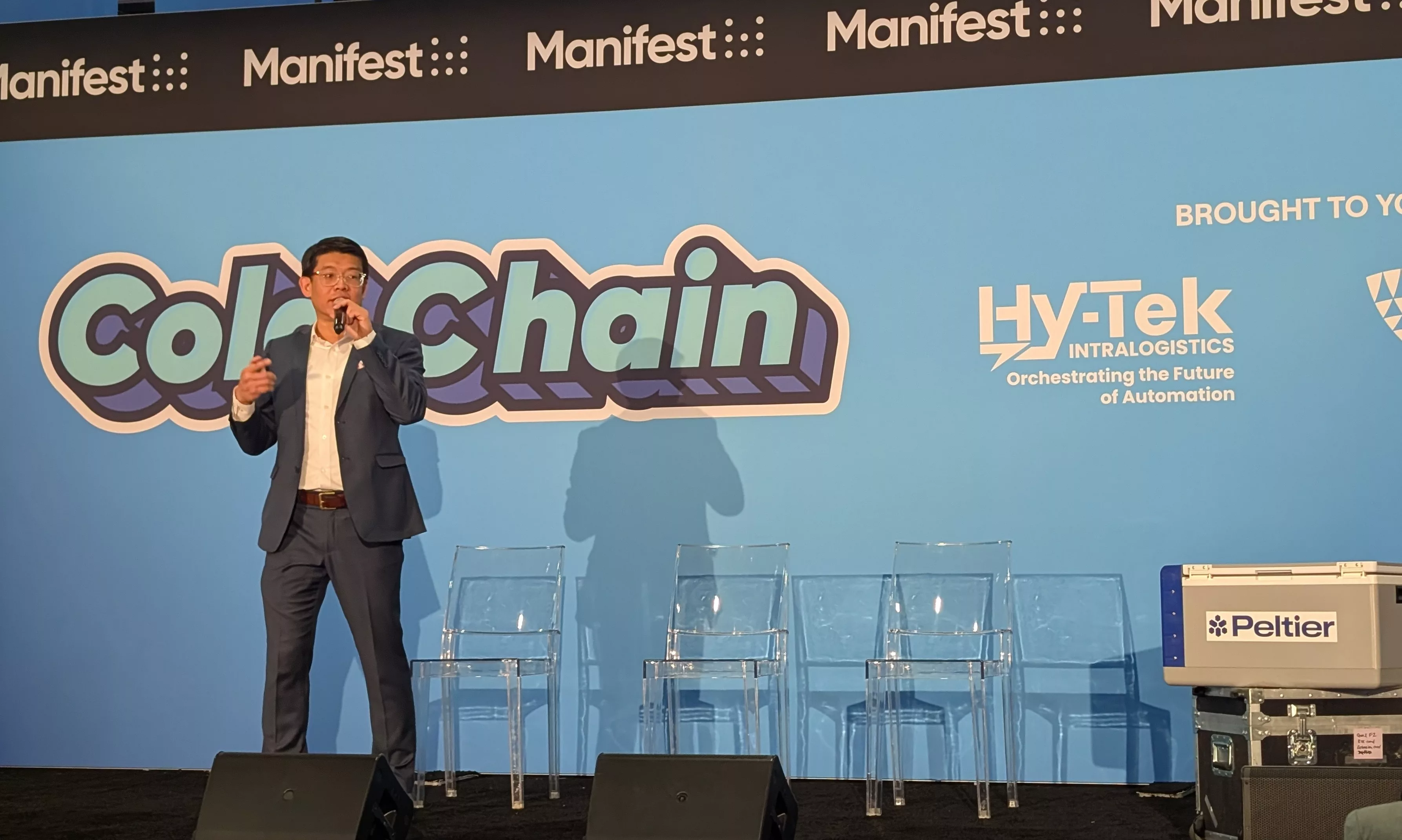 Peltier CEO speaks at Manifest 2026. 