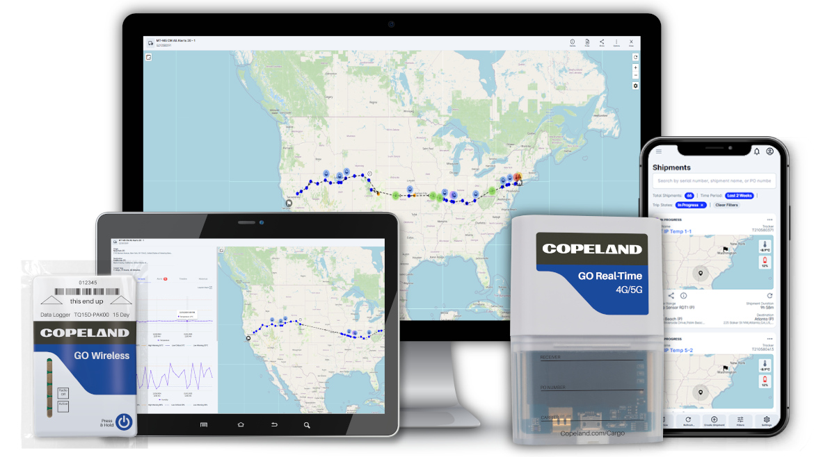 Copeland Trackers, a desktop monitor, tablet and mobile phone showing tracking maps and information.