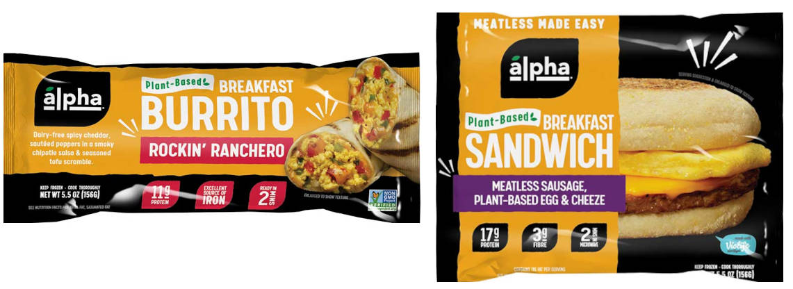 Alpha meat-free breakfast burritos and sandwiches