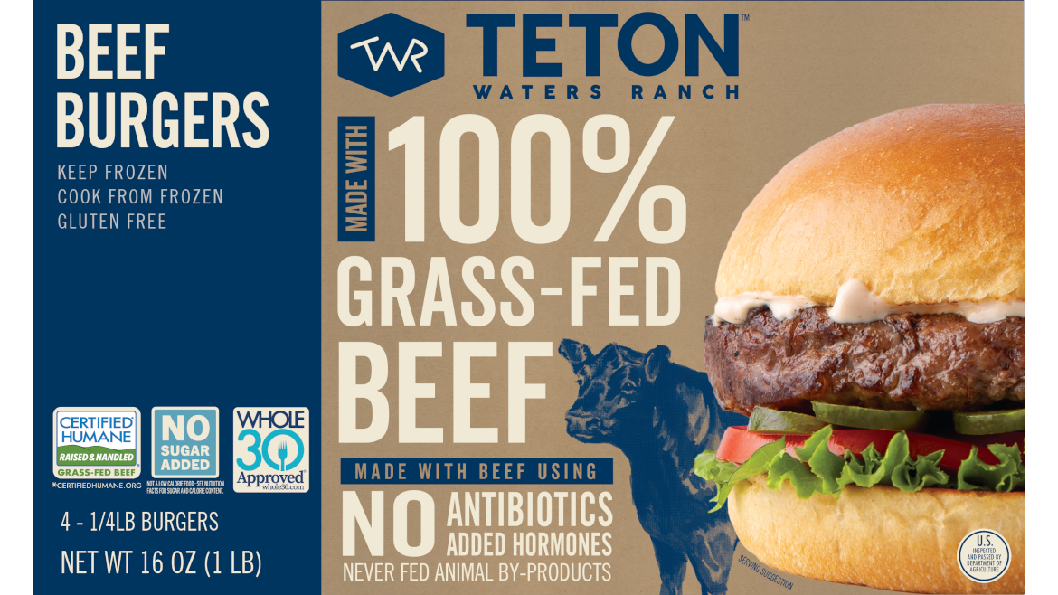 A package of Teton Waters Ranch with a "100% Grass-Fed" callout, third-party certifications and a QR code connecting consumers to detailed product information and recipes.