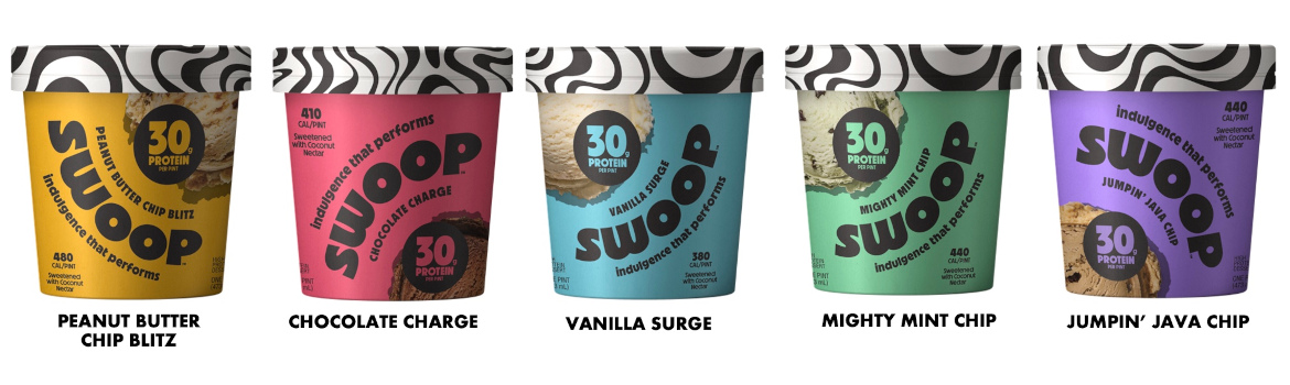 A row of five Swoop desserts in different flavors on a white background.