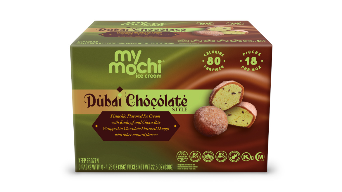 A package of My/Mochi’s Dubai Chocolate Style Mochi on a white background.