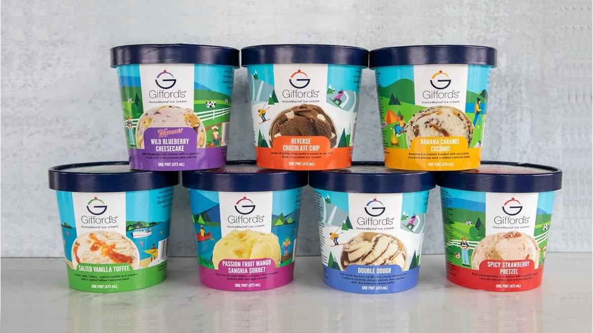 A collection of Gifford's Ice Cream in one pint cartons, four on the bottom and three stacked on the top.