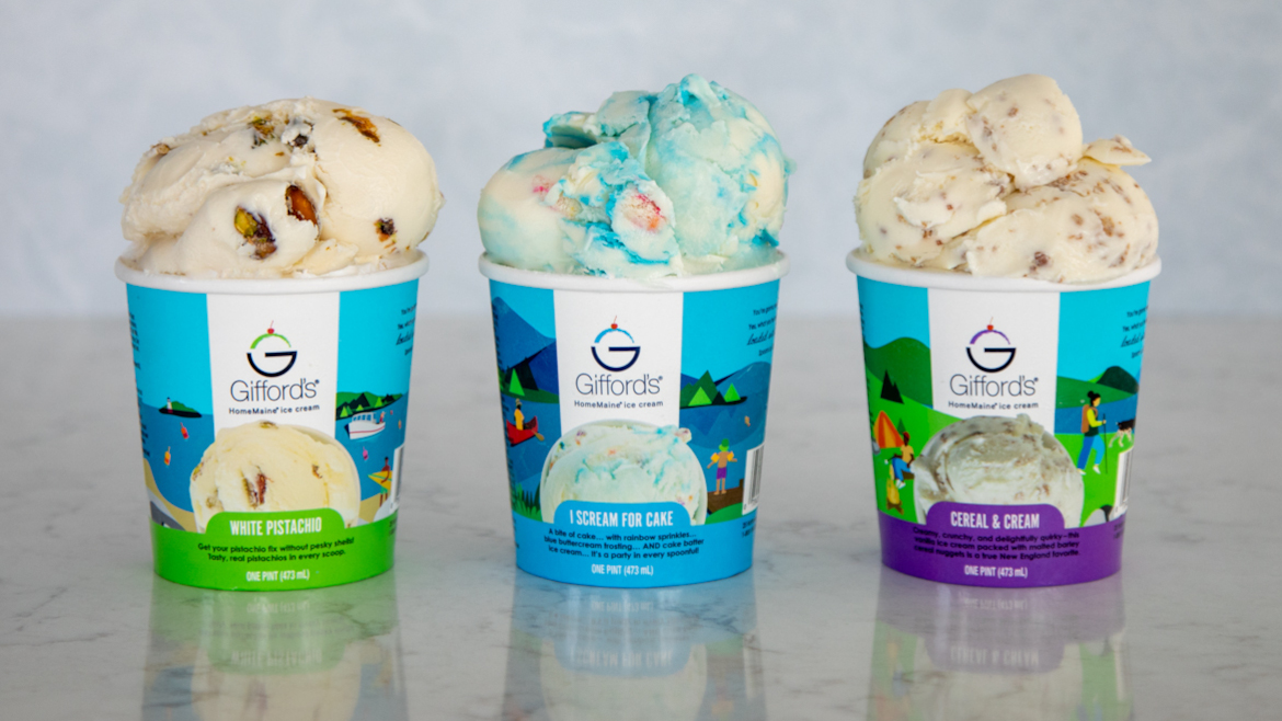 A trio of Gifford's HomeMaine ice cream with scoops on top of the open cartons.