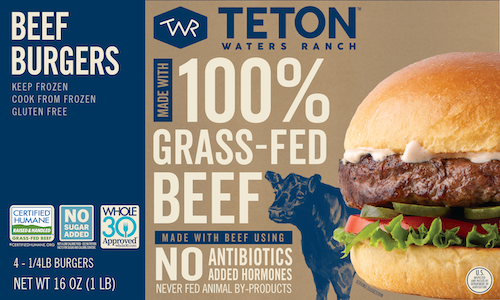 A package of Teton Waters Ranch 100% Grass-fed Beef Burgers.