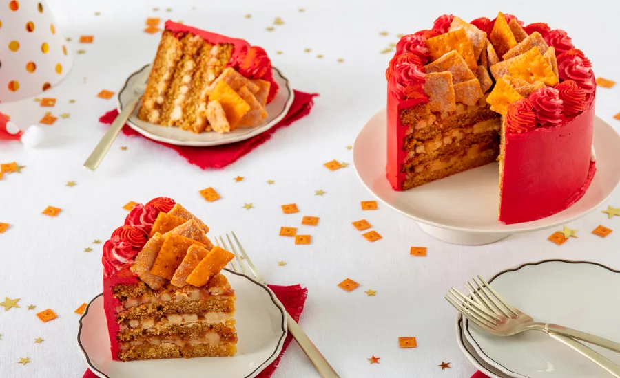 Celebrity Chef Stephanie Izzard Cheez-It Cake Sliced 100th Anniversary