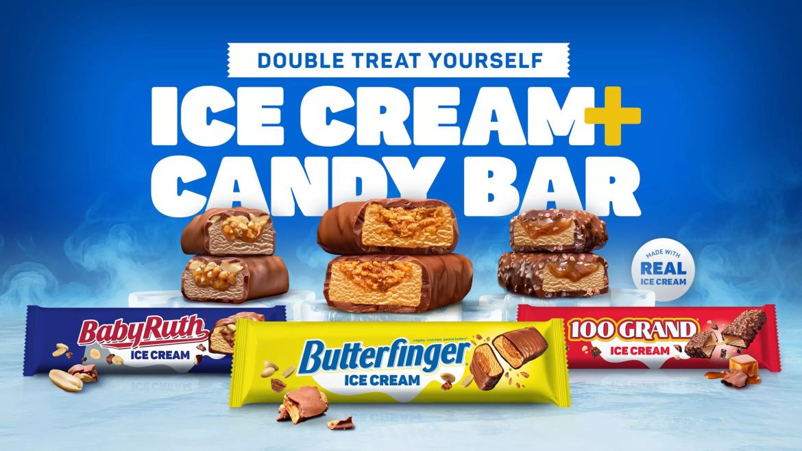 BabyRuth, Butterfinger, and 100 Grand ice cream candy bars.