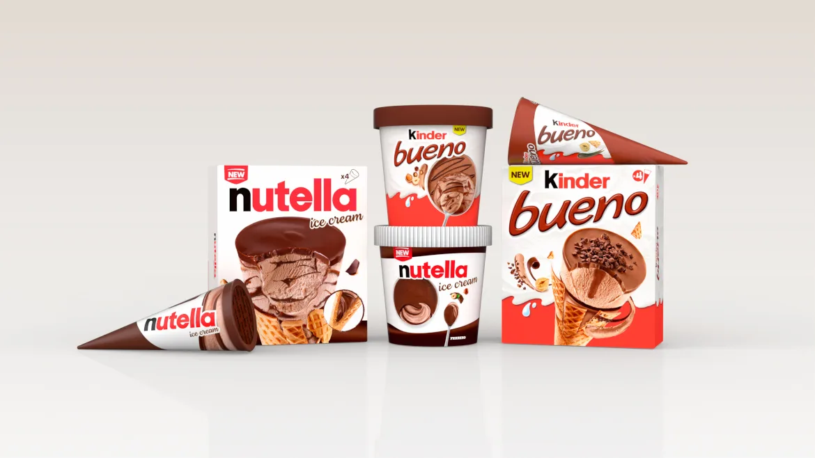 Nutella Ice Cream products against a shiny grey background.