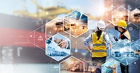 Two people in safety gear are checking stock inventory with a digital tablet in a harbor warehouse. Hexagon-shaped images of global network, partnership, teamwork, transportation, and logistics distribution center.