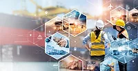 Two people in safety gear are checking stock inventory with a digital tablet in a harbor warehouse. Hexagon-shaped images of global network, partnership, teamwork, transportation, and logistics distribution center.