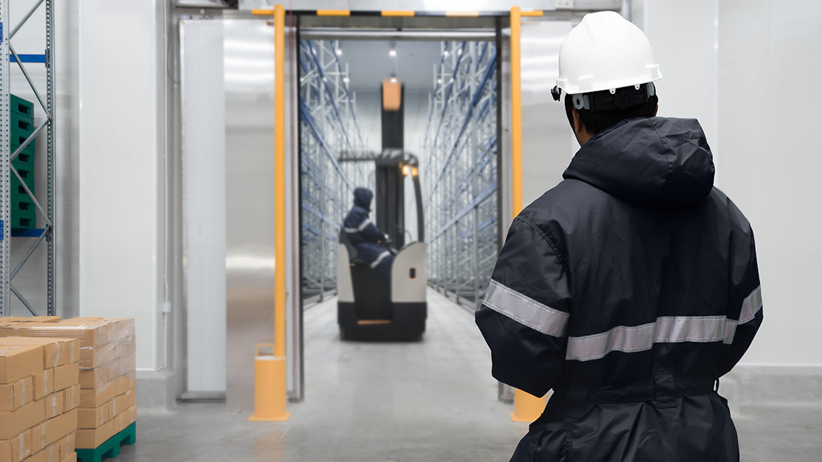Staff worker control in freezing room or warehouse