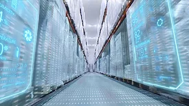 Modern warehouse with a digital temperature control dashboard overlay over inventory shelves.