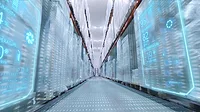 Digital temperature control dashboard overlay Modern warehouse with a digital temperature control dashboard overlay over inventory shelves.