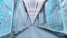 Digital temperature control dashboard overlay Modern warehouse with a digital temperature control dashboard overlay over inventory shelves.