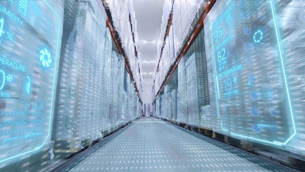 Modern warehouse with a digital temperature control dashboard overlay over inventory shelves.