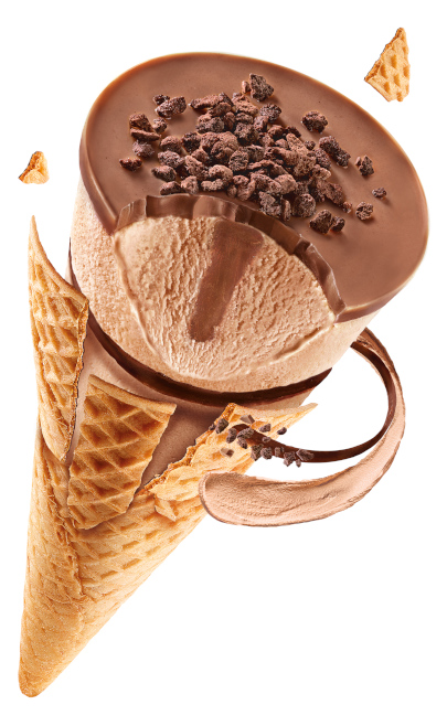 Kinder Bueno ice cream cone on a white background.
